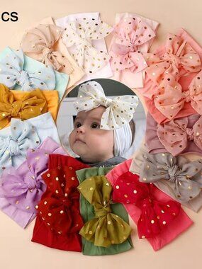 6 Baby Headbands with 6 Different Colors With Gold Polka Dot Bows